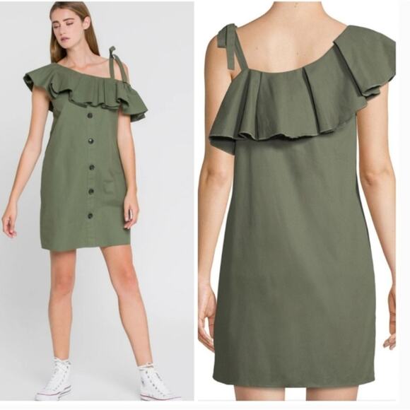 NWT English Factory Green Flounce Ruffle One Tie Shoulder Button Mini Dress XS - Picture 1 of 14